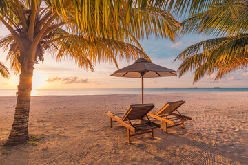 Amazing beach. Romantic chairs sandy beach sea sky. Couple summer holiday vacation for tourism...