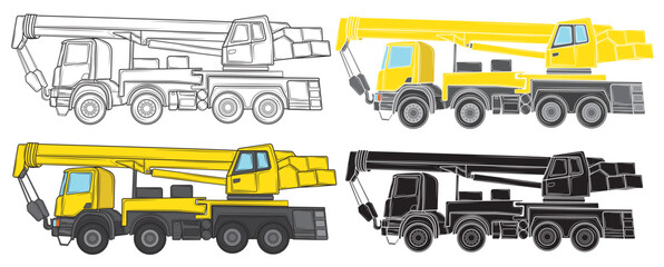 Set of Construction crane on the basis of a car. Heavy special transport. Vector illustration.