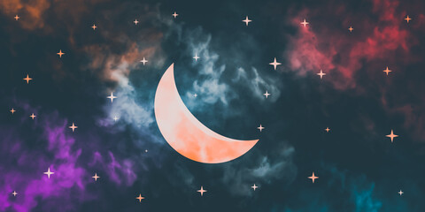 Obraz na płótnie Canvas Moon and stars concept. Moon and stars light in night. Beautiful crescent light view and stars. Galaxies are twinkling concept. Stars are twinkling. Moonlight concept. Crescent view.