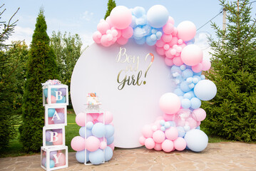 photo zone with pink and blue balloons for gender party