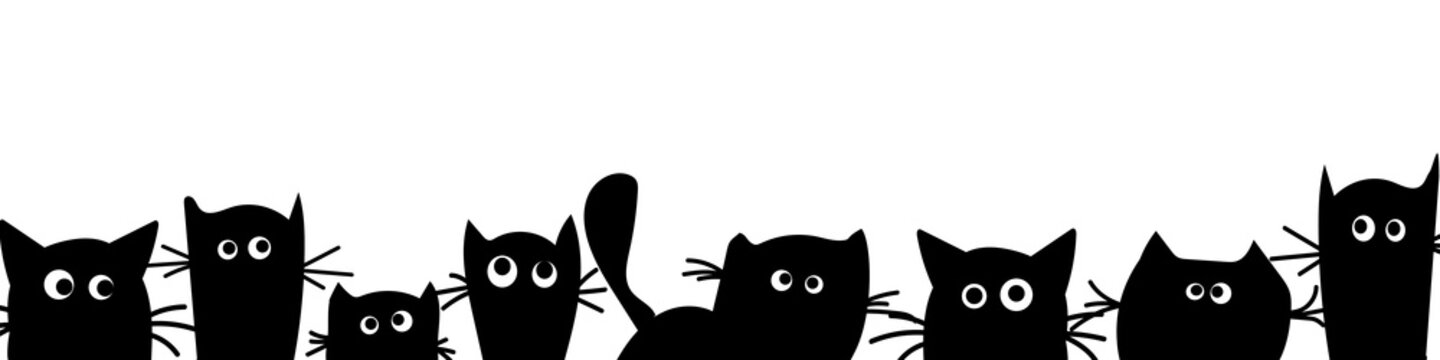 Vector illustration with funny black cats. Banner with the heads of cute cartoon animals with different characters