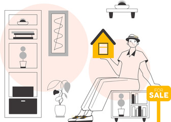 Male real estate agent. Lineart trendy style. Vector illustration.