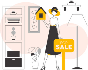 The girl is a specialist in the sale of real estate. Linear trendy style. Vector illustration.