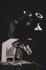 Microscope in laboratory science closeup research. Laboratory of biology by biotechnology for analysis, experiment, education and test.