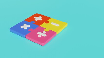 Puzzle pieces with math signs. Stylized 3d illustration.