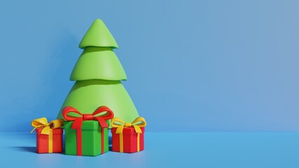 Stylized Merry Christmas 3d illustration. Gift boxes with Christmas Tree. 