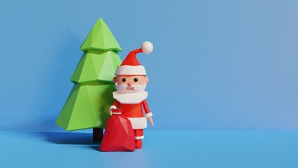 Stylized Merry Christmas 3d illustration. Santa Claus with bag of presents standing near Christmas tree.