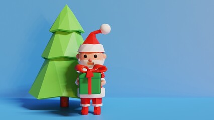 Stylized Merry Christmas 3d illustration. Santa Claus with gift box near Christmas tree. 