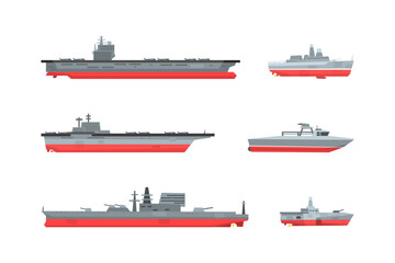 Set of military and passenger ships. Tanker, cargo and fishing ship, speed boat sea transport flat vector illustration