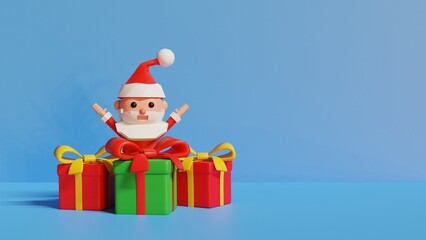 Stylized Christmas illustration. Santa Claus and three gift boxes.