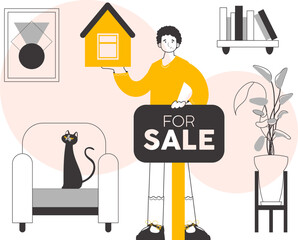The guy is a real estate agent. Modern linear style. Vector illustration.