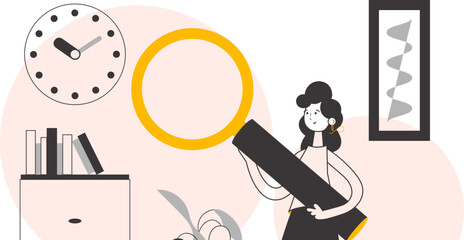 The girl is holding a magnifying glass in her hands. Modern linear style. Vector illustration.