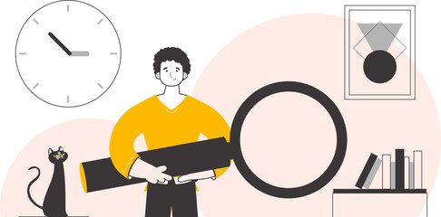 The guy is holding a magnifying glass in his hands. Modern linear style. Vector illustration.