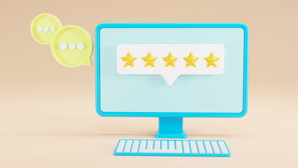 front view Computer 3d. screen with customer feedback. Five stars from customer reviews. Social media comment. Website or application quality service feedback.  Client feedback, online shopping.