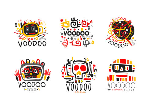 Voodoo labels set. African and American magic logo design. Spiritual, magical badges hand drawn vector illustration