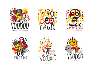Voodoo logo design set. African and American magic labels or badges hand drawn vector illustration