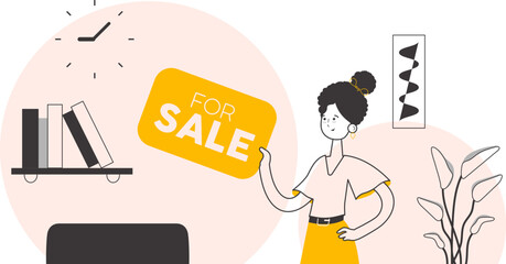 The girl is a specialist in the sale of real estate. Lineart minimalistic style. Vector illustration.