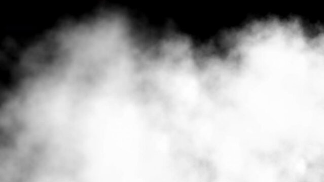 Flying through white fluffy clouds on black background. Abstract background. Copy space. Motion graphic.