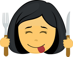 Vector emoji illustration of a yellow cartoon woman, with a yummy expression that delicious, with a knife and fork in her hands