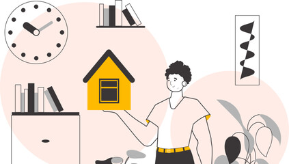 Male realtor. Lineart trendy style. Vector illustration.