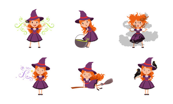 Cute little girl witches set. Beautiful redhead girl dressed purple dress and pointed hat flying on broom, making magic potion in cauldron cartoon vector