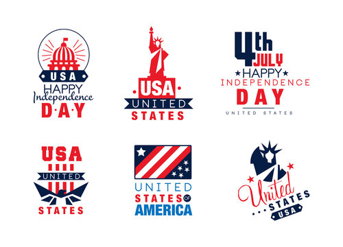 USA Happy Independence day labels set. United States of America badges in patriotic colors vector illustration