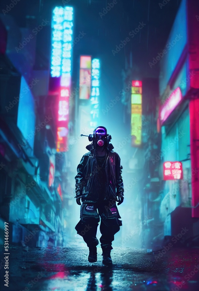Wall mural portrait of a man wearing a cyberpunk headset and cyberpunk gear. a high-tech futuristic man from th