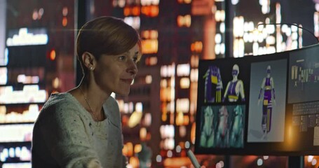 Female Fashion Designer Drawing New Sketches and Creating 3D Virtual Models on Computer in Her Home Studio. Young Woman Creating New Clothing Collection. Fashion and Art Concept