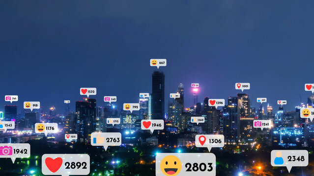 Social Media Icons Fly Over City Downtown Showing People Reciprocity Connection Through Social Network Application Platform . Concept For Online Community And Social Media Marketing Strategy .