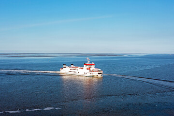 Aerial from the ferry from Schiermonnikoog at the Wadden Sea in the Netherlands