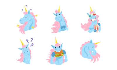 Funny unicorn with various face expression set. Happy, thoughtful, frightened mythical animal character cartoon vector illustration
