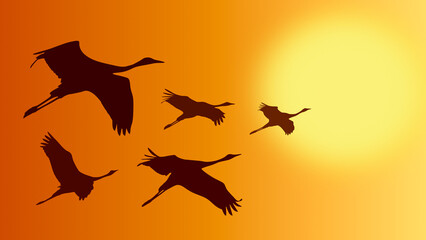 Silhouette of cranes flying towards the sun at sunset, on an orange-yellow gradient background. Birds in flight.