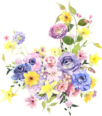 Watercolor spring flowers bouquet, Purple roses and pink and yellow  wildflowers