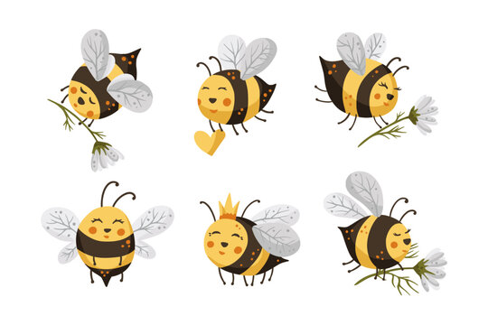 Bee cartoon set honey vector set, background adorable icon design happy baby funny art.