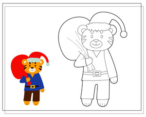 A coloring book for children, a cartoon tiger in a Santa costume and with a bag of gifts. Vector