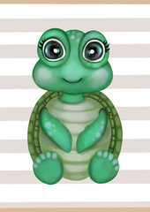 Cute watercolor baby turtoise girl on a stripe background. Hand drawn adorable aquarelle turtle poster, illustration. Designed for kids greeting cards, frame art, nursery room, clothes.