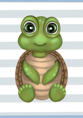 Cute watercolor baby turtoise boy on a stripe background. Hand drawn adorable aquarelle turtle poster, illustration. Designed for kids greeting cards, frame art, nursery room, clothes.