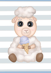 Cute watercolor baby sheep boy with ice cream on a stripe background. Hand drawn adorable aquarelle lamb poster, illustration. Designed for kids greeting cards, frame art, nursery room, clothes.