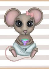 Cute watercolor baby mouse girl with toy on a stripe background. Hand drawn adorable aquarelle poster, illustration. Designed for kids greeting cards, frame art, nursery room, clothes, baby showers.