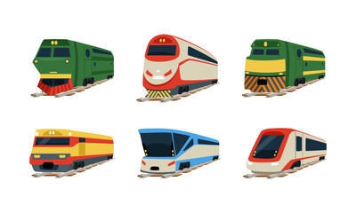 Train locomotives set. Retro and modern freight and passenger rail transport flat vector illustration