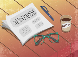 Vintage newspaper on the table, glasses, pen and coffee cup