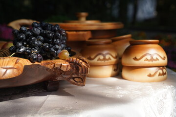 Wooden carved tableware with Kazakh national pattern