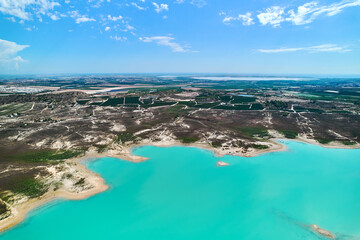 Fototapeta na wymiar Drone point of view Embalse de La Pedrera large turquoise colored lake used as source of water supply, no people, sunny summer day, bright colors. Orihuela, Costa Blanca, Spain