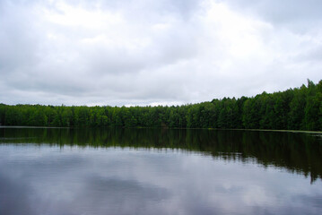 Lake in summer. A lake surrounded by forest. Peat lake. Ripples on the water. Large volume clouds over the water. Clouds are reflected in the mirror surface of the lake. The expanses of Russia.