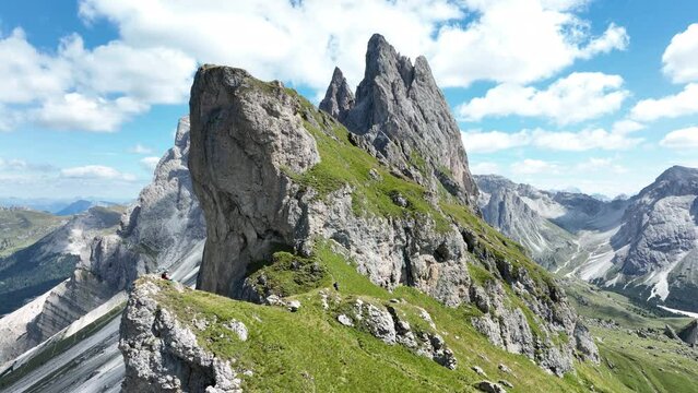 Dolomites Italy mountain range holiday alps landscape clouds aerial cinematic. Mountain aerial drone view. Panorama overhead beautiful landscape.