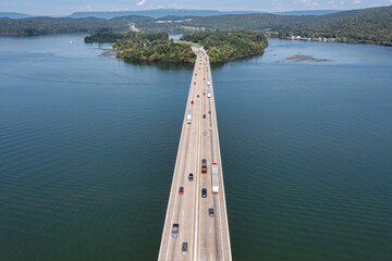 Overhead view of traffic on Interstate I24 crossing the Tennessee River at Nickajack Lake.