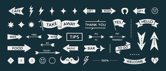 Arrow set icons. Collection vintage sign, symbols and graphic elements, white on black. Flat arrow set for decorative design. Hand-drawn graphics, drawing sign. Simple arrows. Vector Illustration