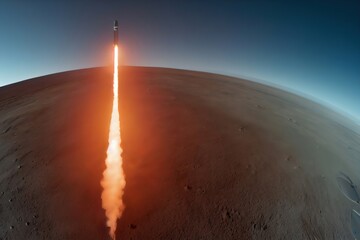 Aerial view, gopro camera capturing rocket launch from the surface of the planet mars