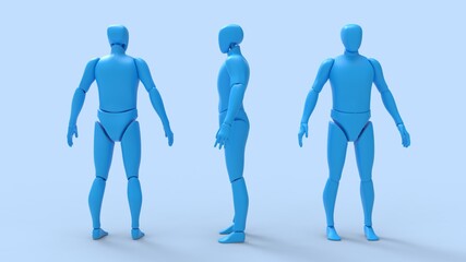 3D rendering of a dummy robot man person model blank template isolated in studio background. 3D computer generated person posing multiple views side front back. - obrazy, fototapety, plakaty