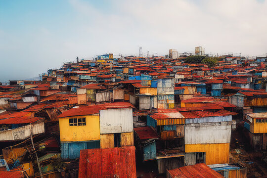 Digitally generated image of makeshift shacks in a poverty stricken city slum